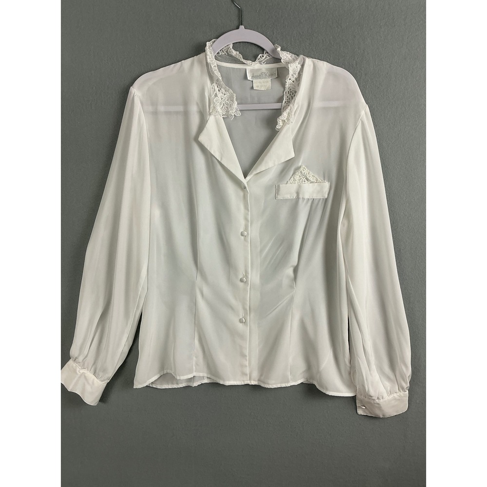 Anna‎ Kriste Top Women's 10 Lace Trim Blouse Long Sleeve Button Down Top